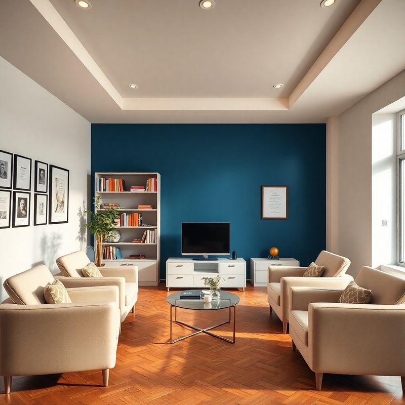 Interior de birou cu perete accent în albastru închis, mobilier alb cald și pardoseală de lemn