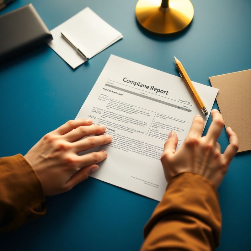 Mâini examinând un raport de conformitate fiscală pe un birou albastru închis